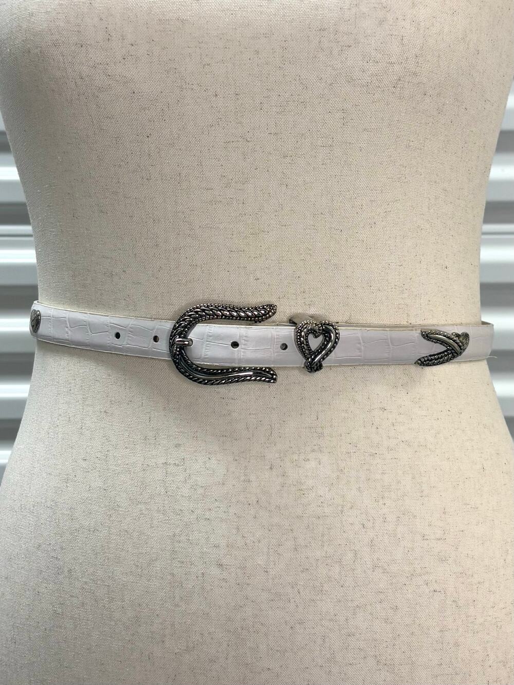 Belt White Croc Embossed Leather Silver Hearts Cowgirl Western Boho Size S